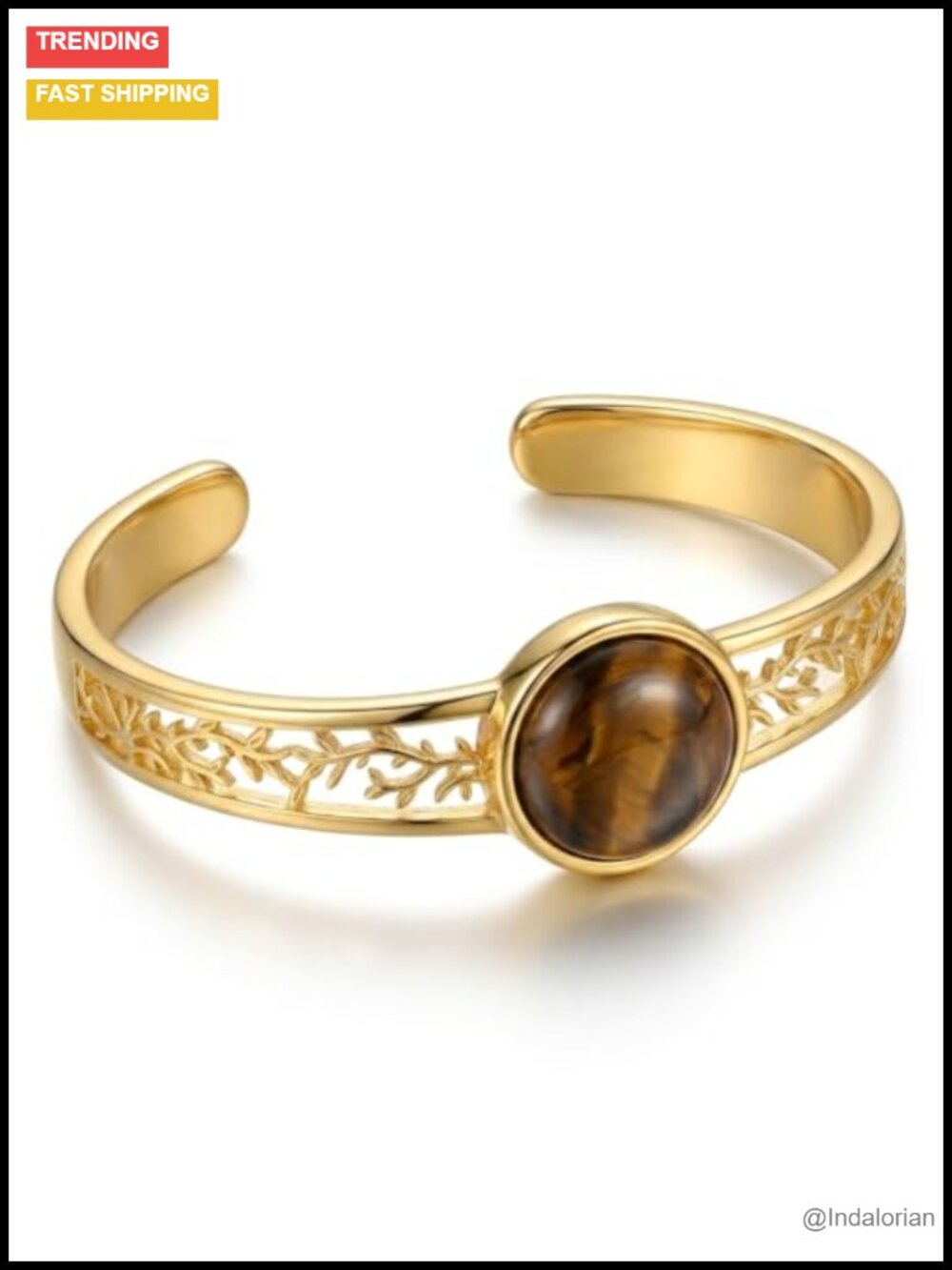 Tiger Eye Tree of Life Cuff Bracelet 14k Gold Plated Open Bangle